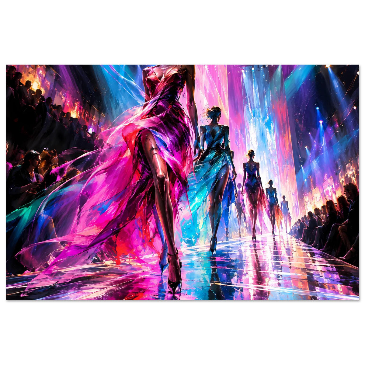 Querformat-Modeposter: Model auf dem Laufsteg, pink-blaues Licht und dynamischer Farbverlauf
