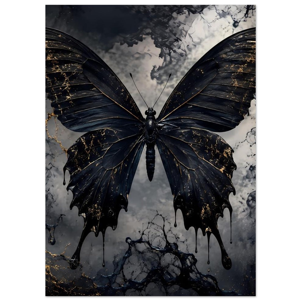 Poster mit großem schwarzem Schmetterling, goldene Adern sichtbar, Flügel offen