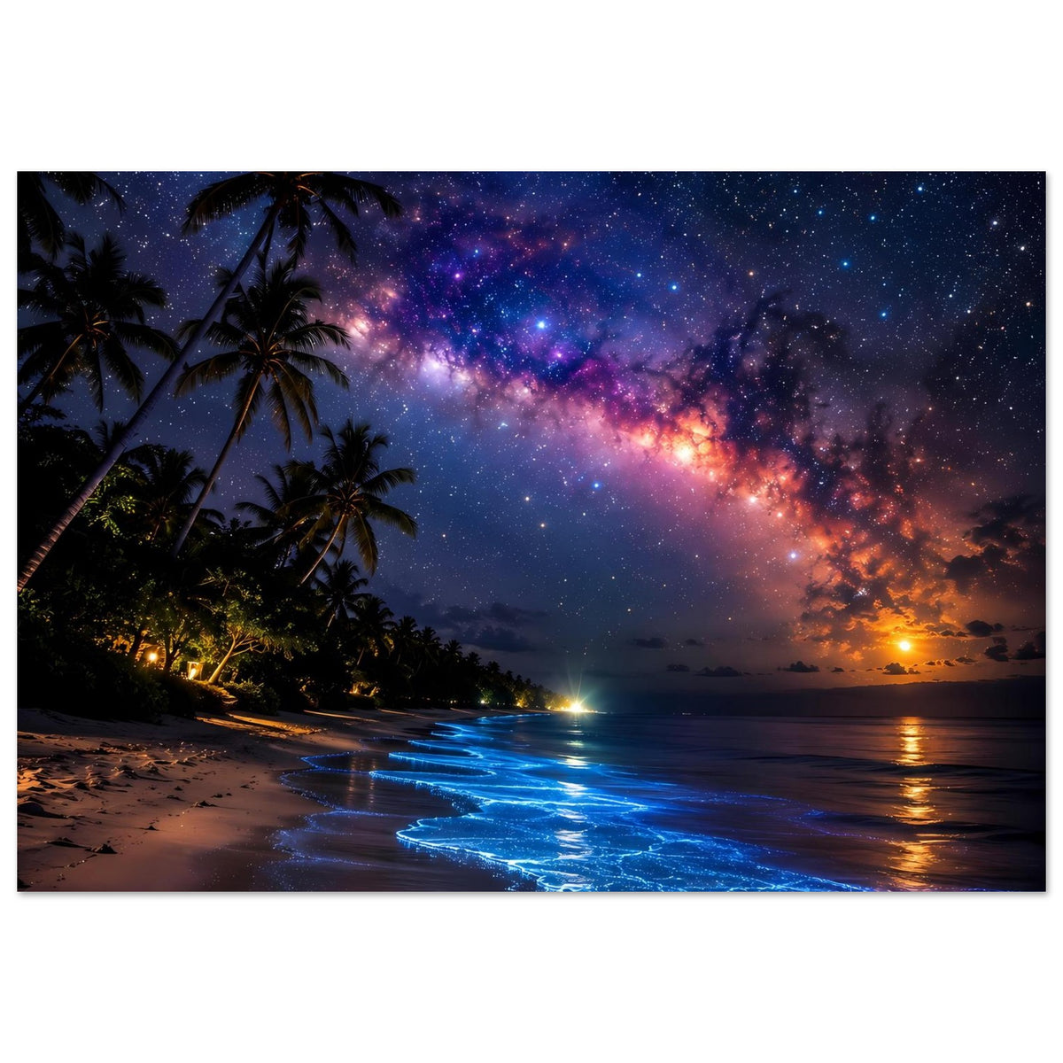 Poster mit Strandlinie bei Nacht, Palmen links, Milchstraße und blau leuchtender Wellenkante