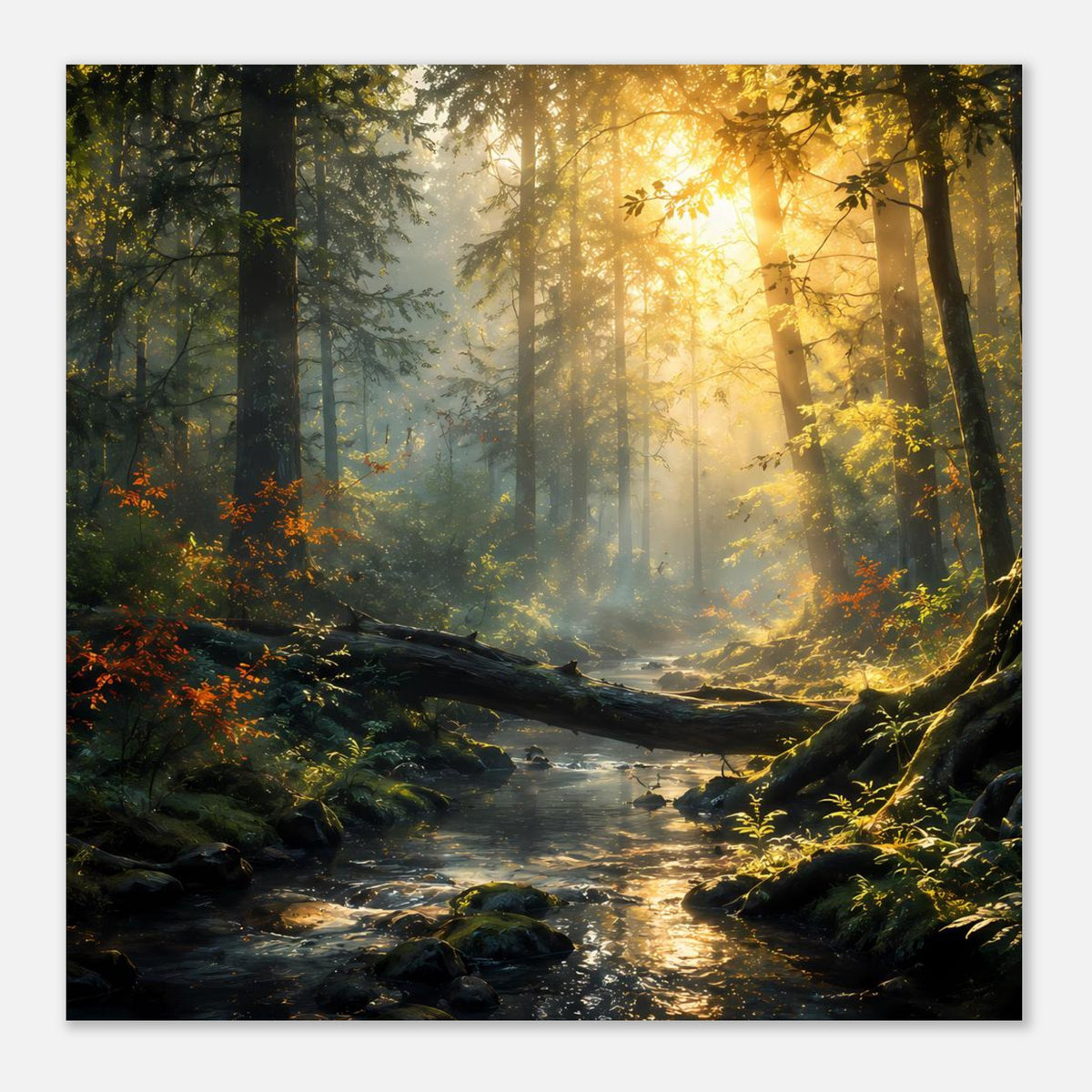 Poster mit Wald-Bach, Felsen im Vordergrund, Baumstamm im Wasser und Sonnenaufgangslicht