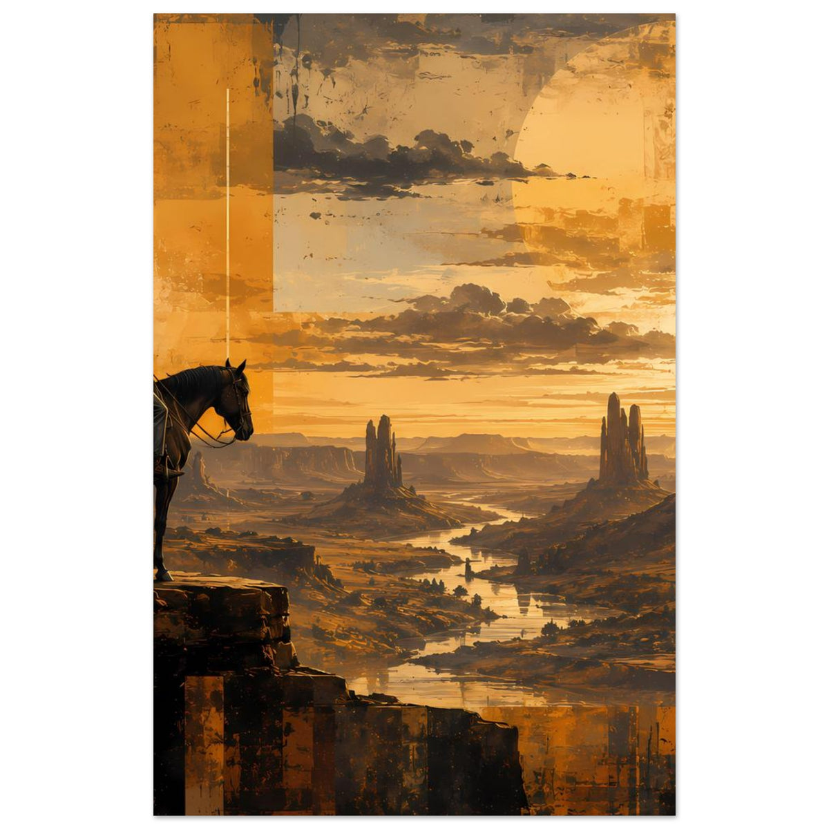 Vertikales Poster, Cowboy auf Pferd links, weite Wüstenlandschaft mit Sonnenuntergang