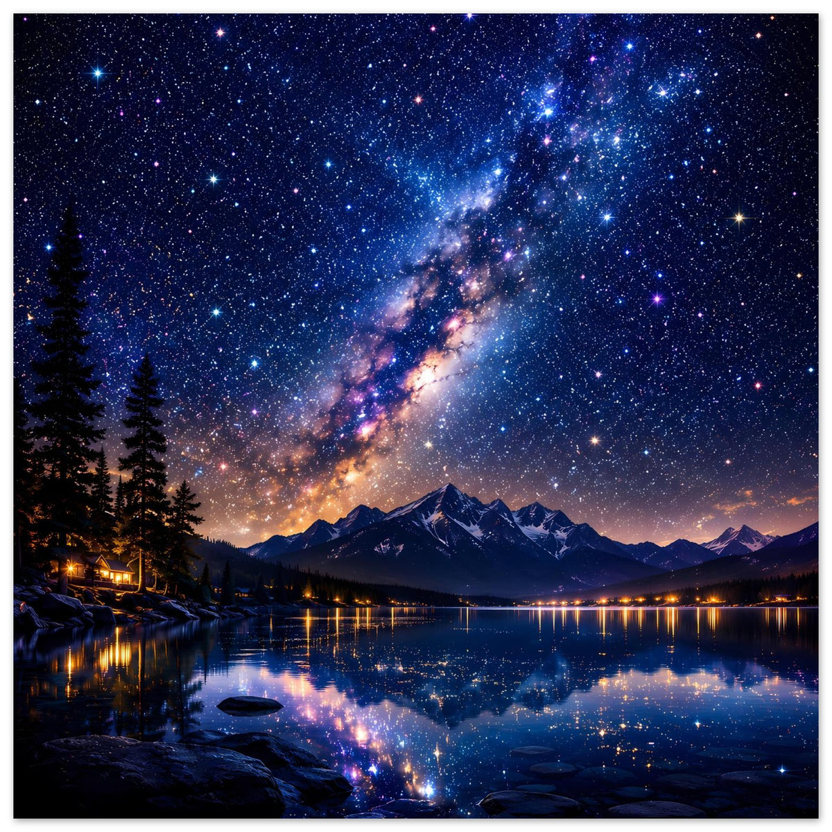Poster mit Galaxieband über Bergkette, See mit Lichtlinien und klarer Sternenlandschaft