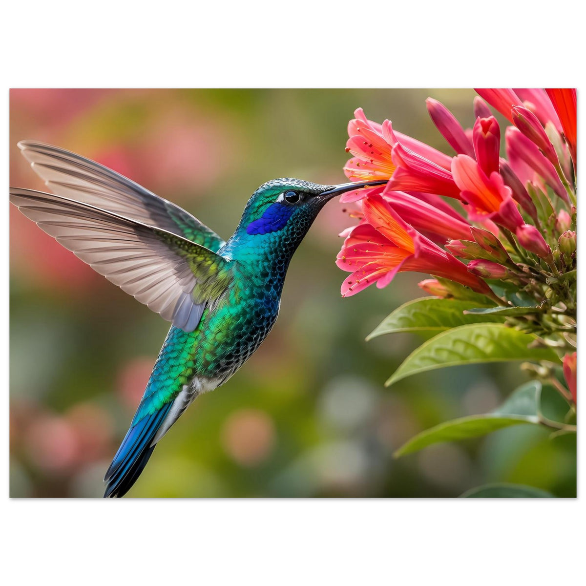 Naturposter mit türkisblauem Kolibri zwischen rosa Blüten, Querformat