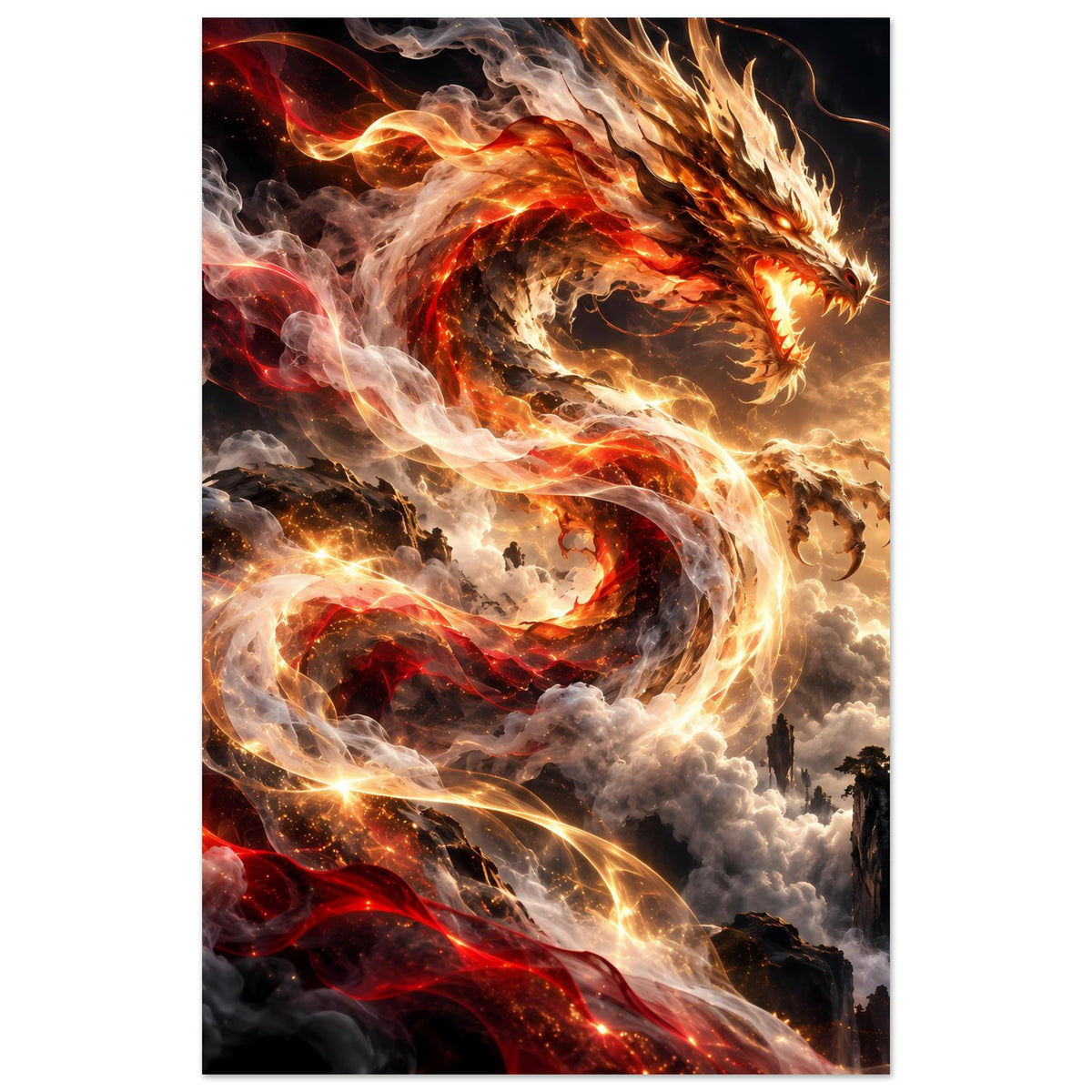 Vertikales Fantasy-Poster, Drachenkopf oben: goldene Flammen um wogende Rauchschwaden
