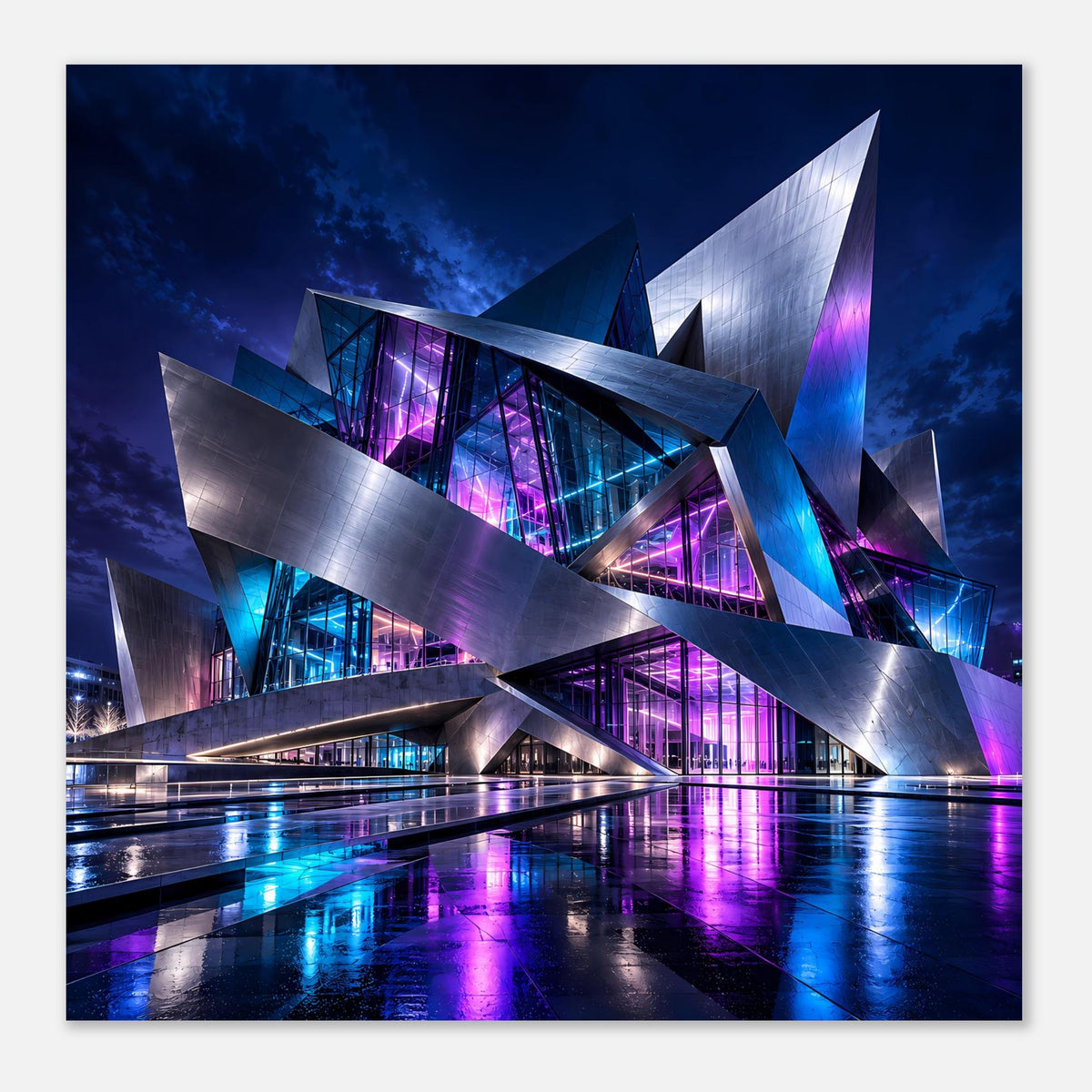 Futuristisches Architekturposter: scharfe Metallkanten und blau-violette Lichtakzente, kompakter Zuschnitt