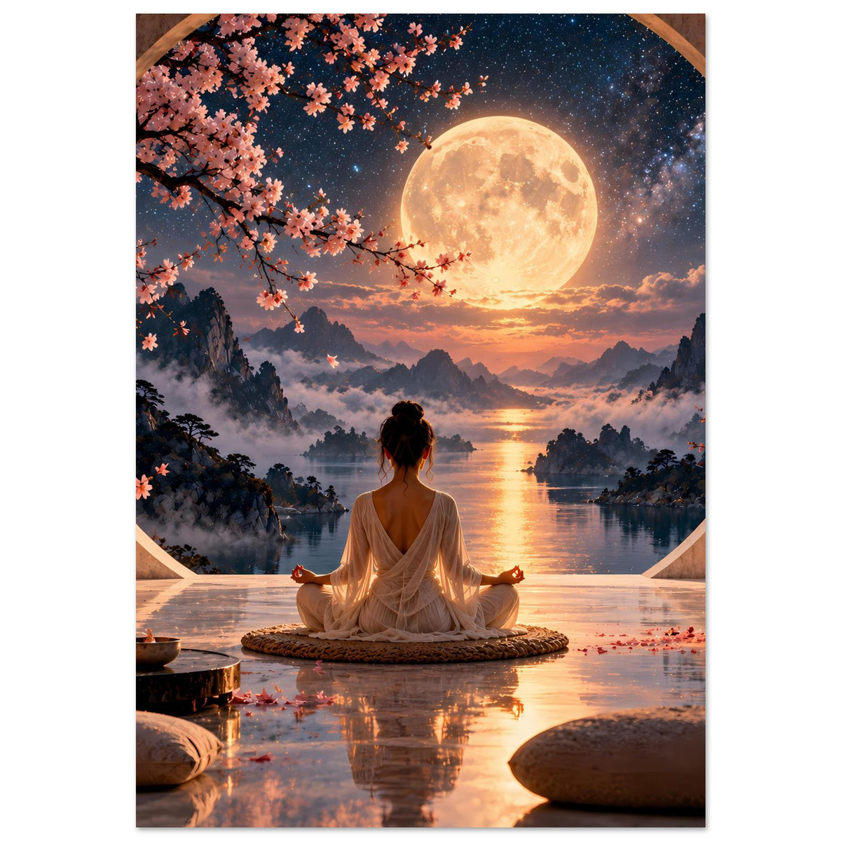 Meditationsposter mit Vollmondhimmel: Meditierende Person auf Kissen am Flussufer