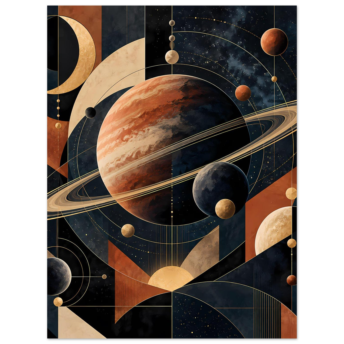 Poster mit großem Planeten, Saturnring und schwebenden Kugeln, kosmisches Muster in warmen Erdtönen