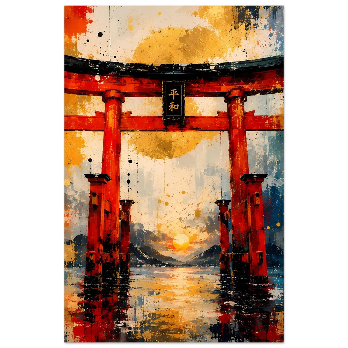 Hochkant-Poster mit Torii-Tor, roten Säulen und schwarzem Dachbalken, abstrakt gesprenkelt