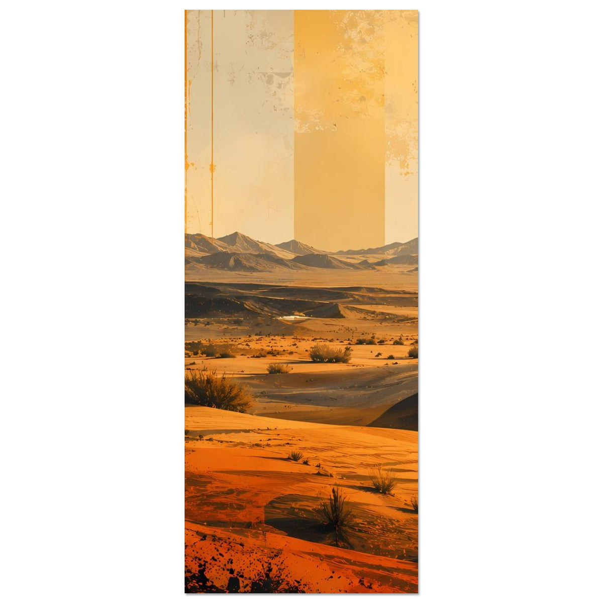 Vertikales Wüstenposter mit Sanddünen, Kakteen und orangefarbener Sonne