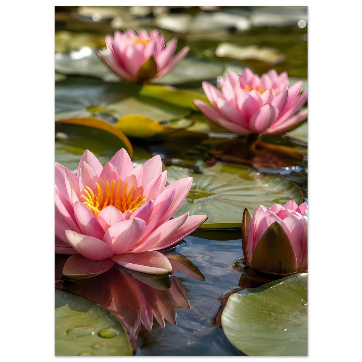 Poster mit rosa Seerosenblüten, gelb-rotem Blütenkern und grünen Blättern im Wasser