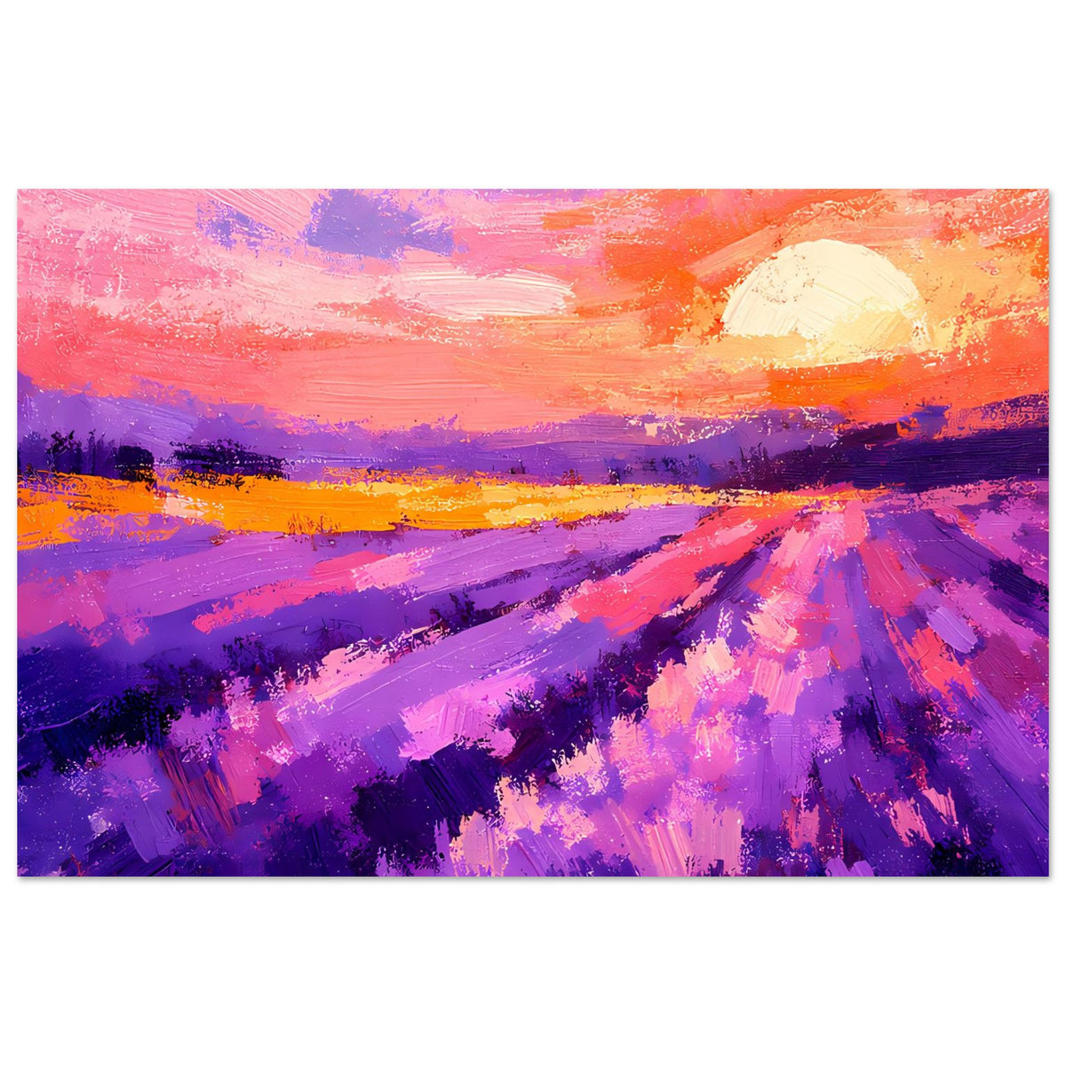 Horizontales Poster: violettes Feld mit orange-rotem Sonnenuntergang und runder Sonne