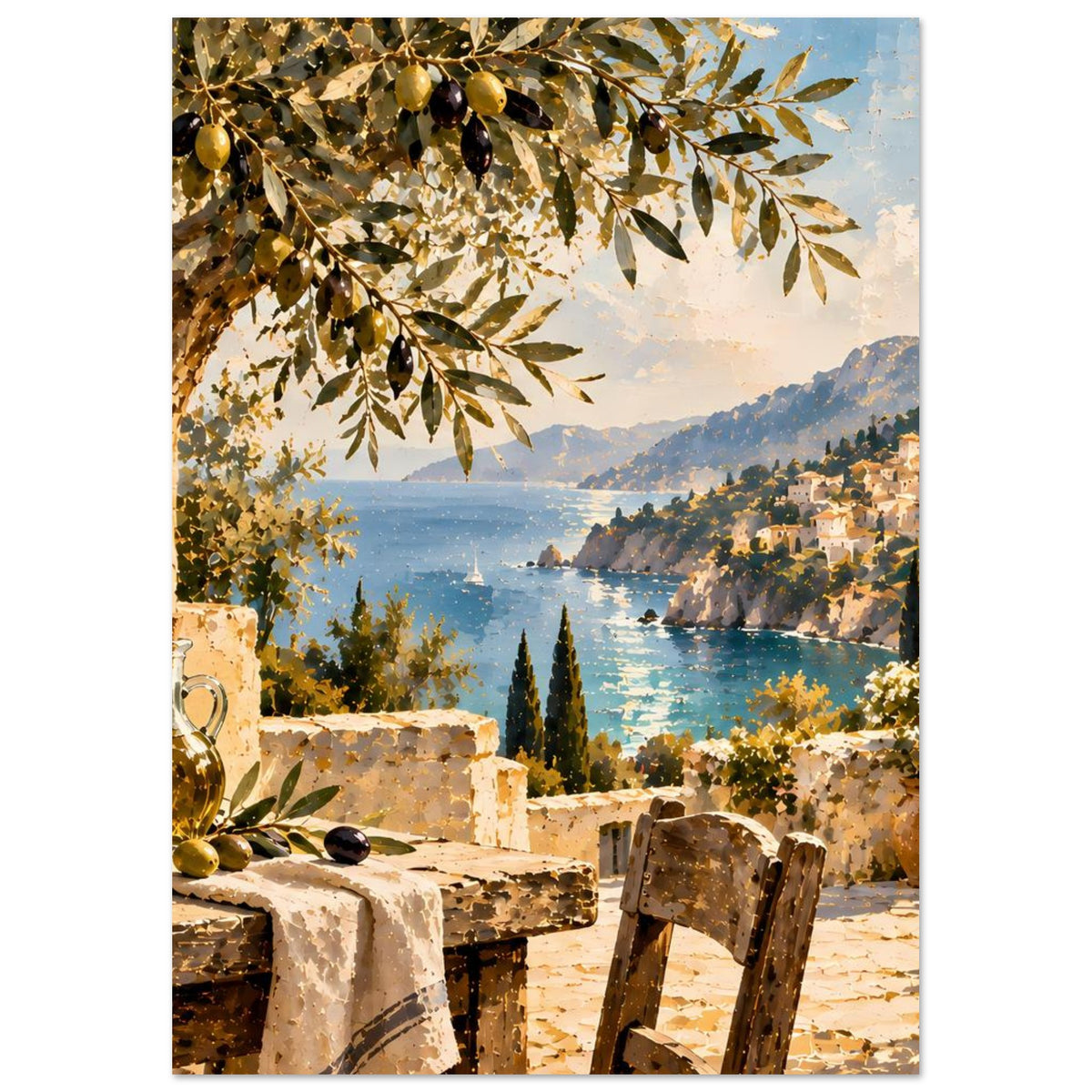 Poster mit Küstenpanorama: Olivenzweig, blaues Wasser, Bergdorf und Steinterrasse mit Stuhl