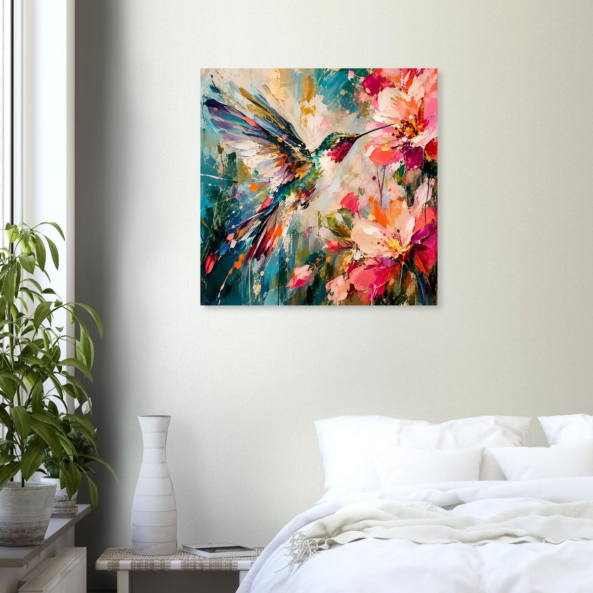 Poster mit Kolibri und Blüten in kräftigen Farben, mittig platziert