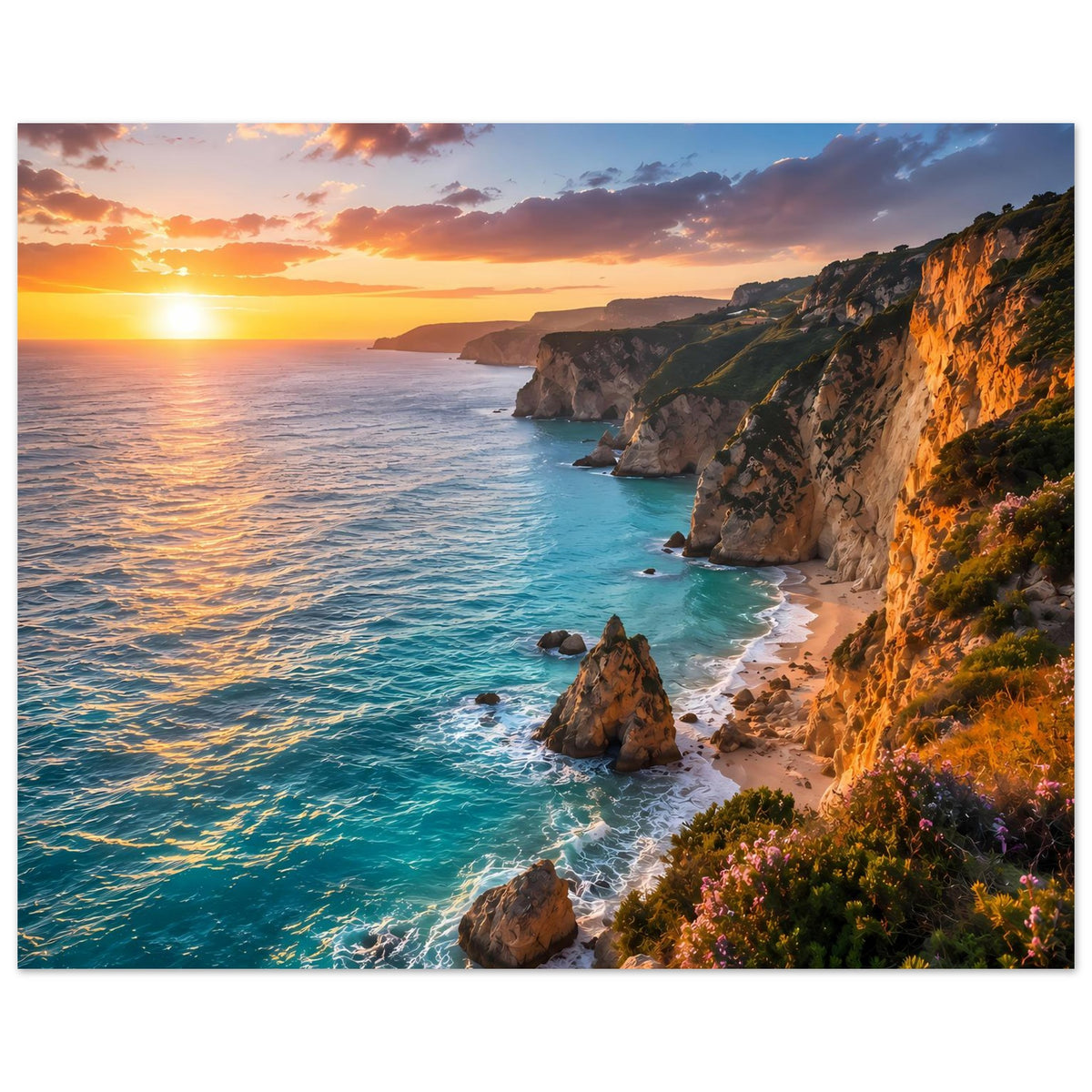 Sonnenuntergangs-Meerlandschaft-Poster im Rahmen, Querformat mit türkisblauem Meer