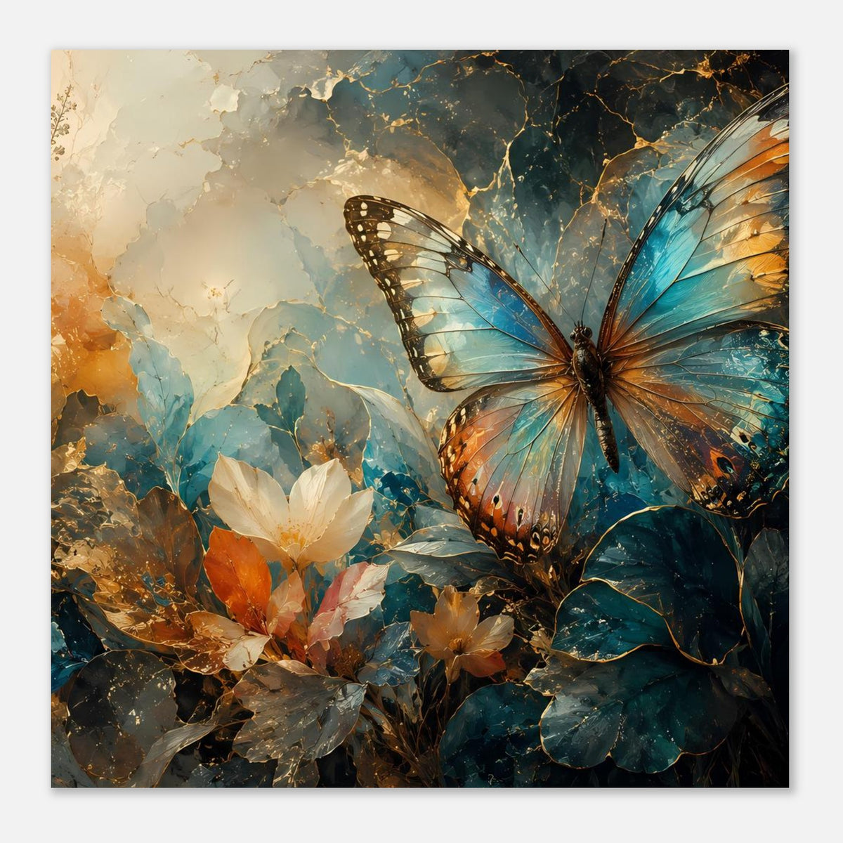 Poster mit Schmetterling, weißen Blüten und blau-goldenen Akzenten, mittiger Bildausschnitt