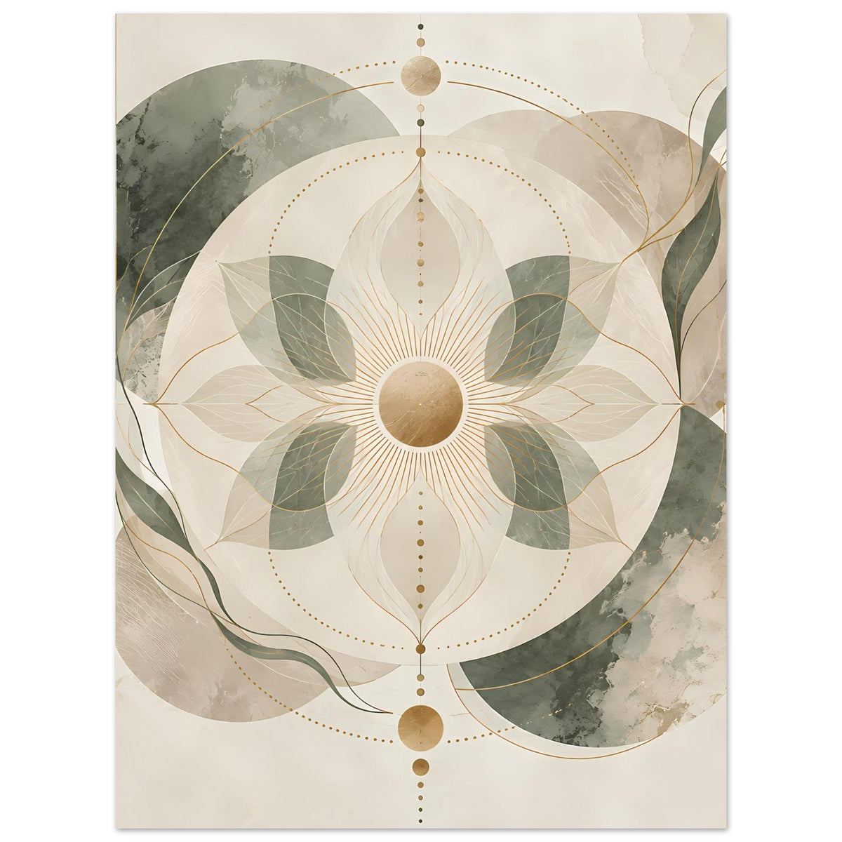 Zen-Poster mit Mandala in Beige, Grün und Gold, runde Blütenornamente mit Kreispunkten.