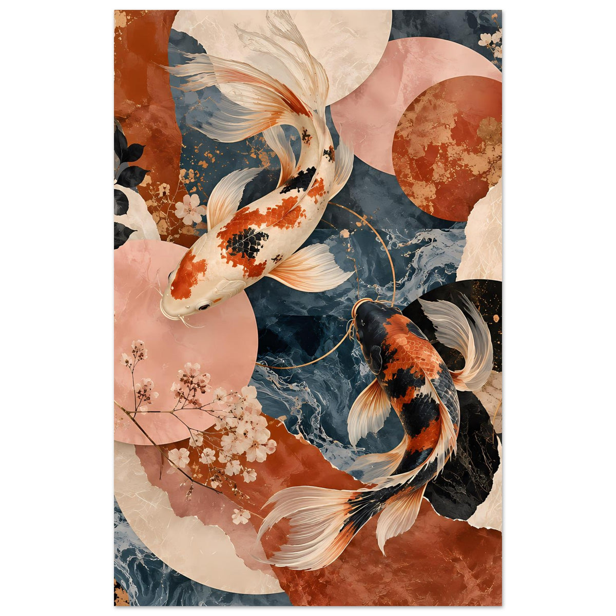 Vertikales Poster: Koi-Fische in Schwarz, Orange und Weiß mit abstrakten Kreisen und Blüten