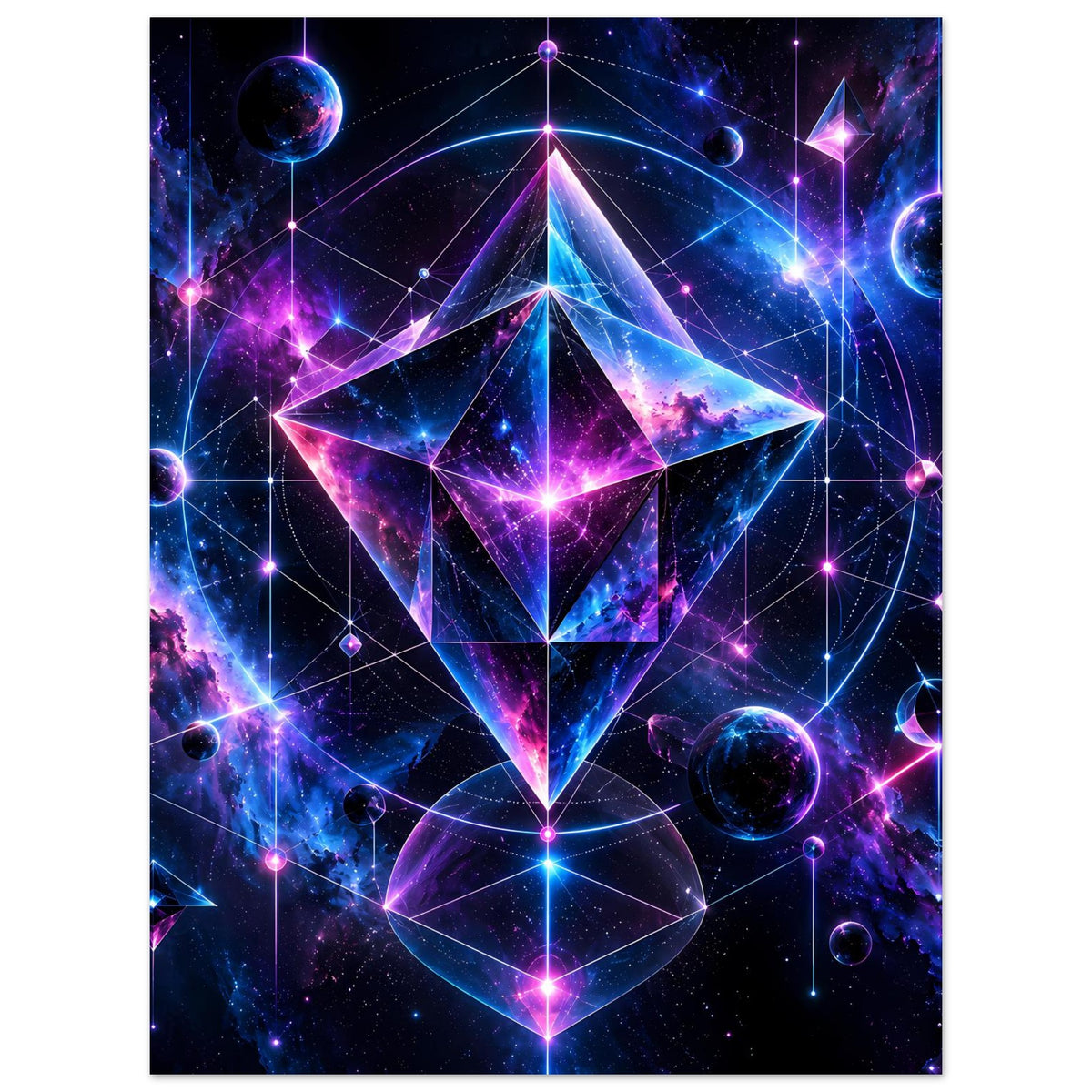 Poster mit kosmischem Geometrie-Muster: leuchtender Diamant, Planeten, Linien und Sterne in Violett/Blau