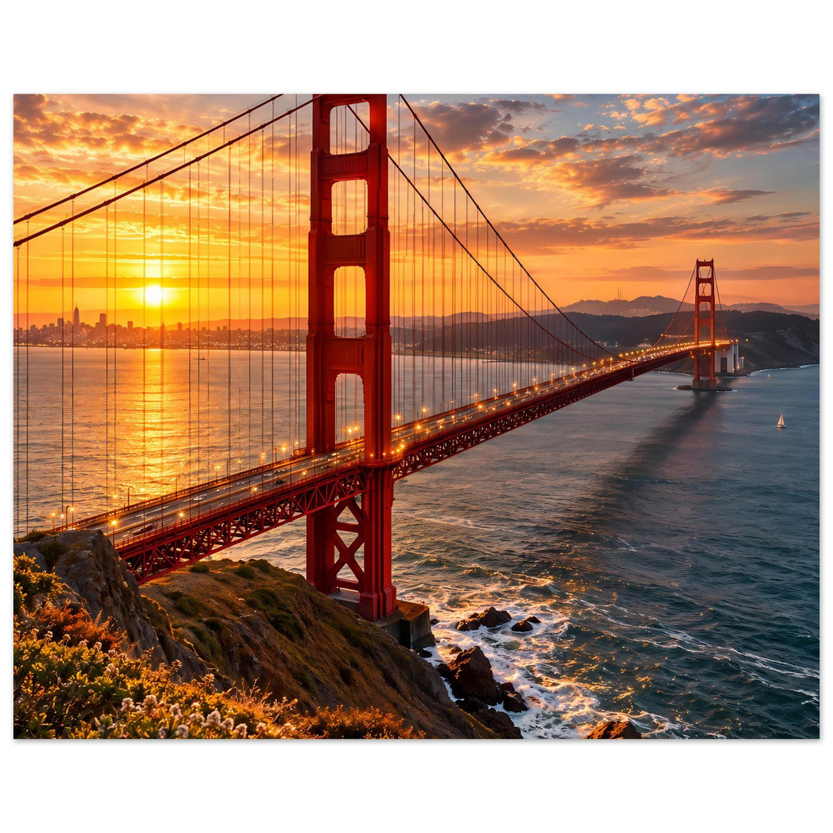 Golden-Gate-Brückenposter im Sonnenuntergang, horizontale Ansicht mit Brückensteg und Wasser