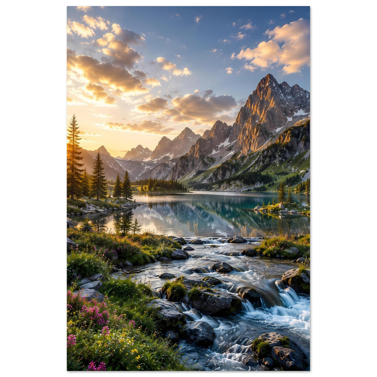 Hochformat-Poster: Sonnenaufgang über Felsenbergen, See mit Spiegelung, Bach und Nadelwald