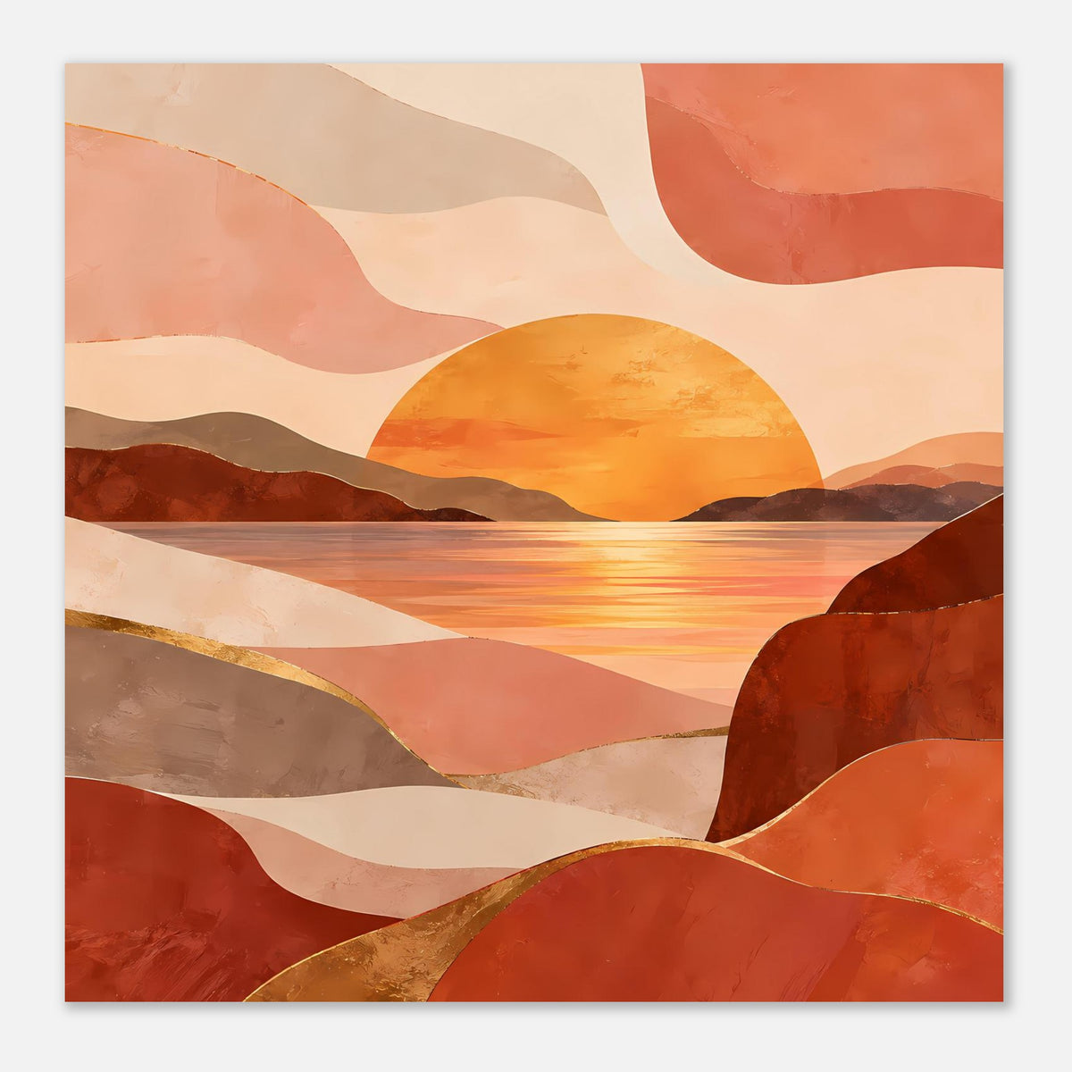 Horizontales Poster: Sonnenuntergang mit abstrakten Gebirgs- und Wellenlinien, warmes Farbschema