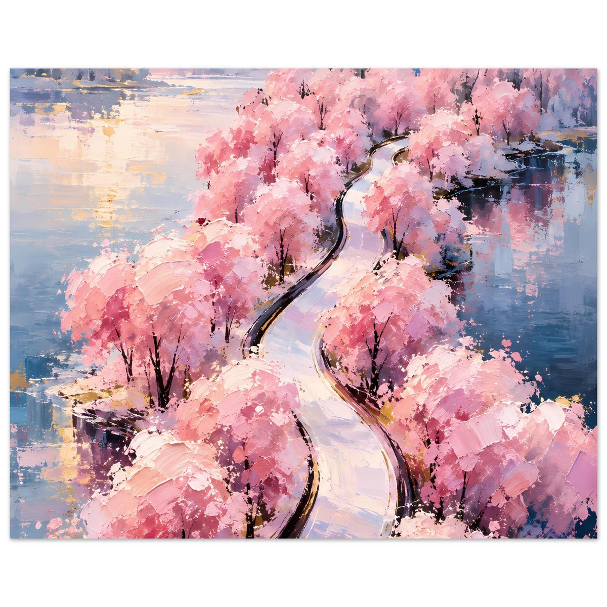 Horizontales Wandposter mit rosa Blüten, Wasserblick und geschwungenem Pfad