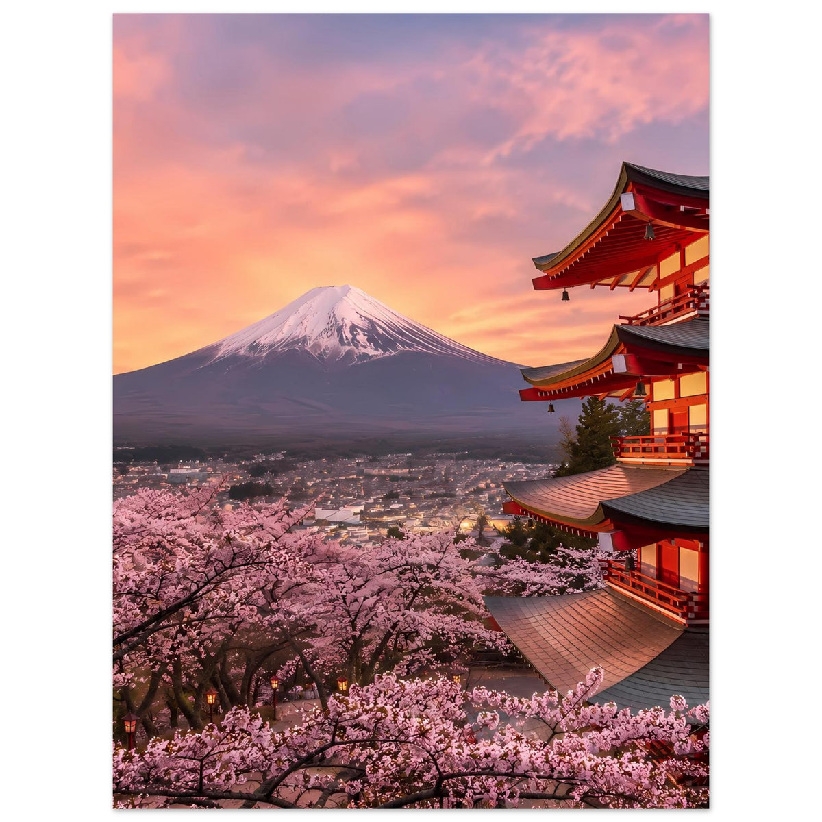Poster im Hochformat mit Fuji-Vulkan, Kirschblüten und roter Pagode, zarter Himmel