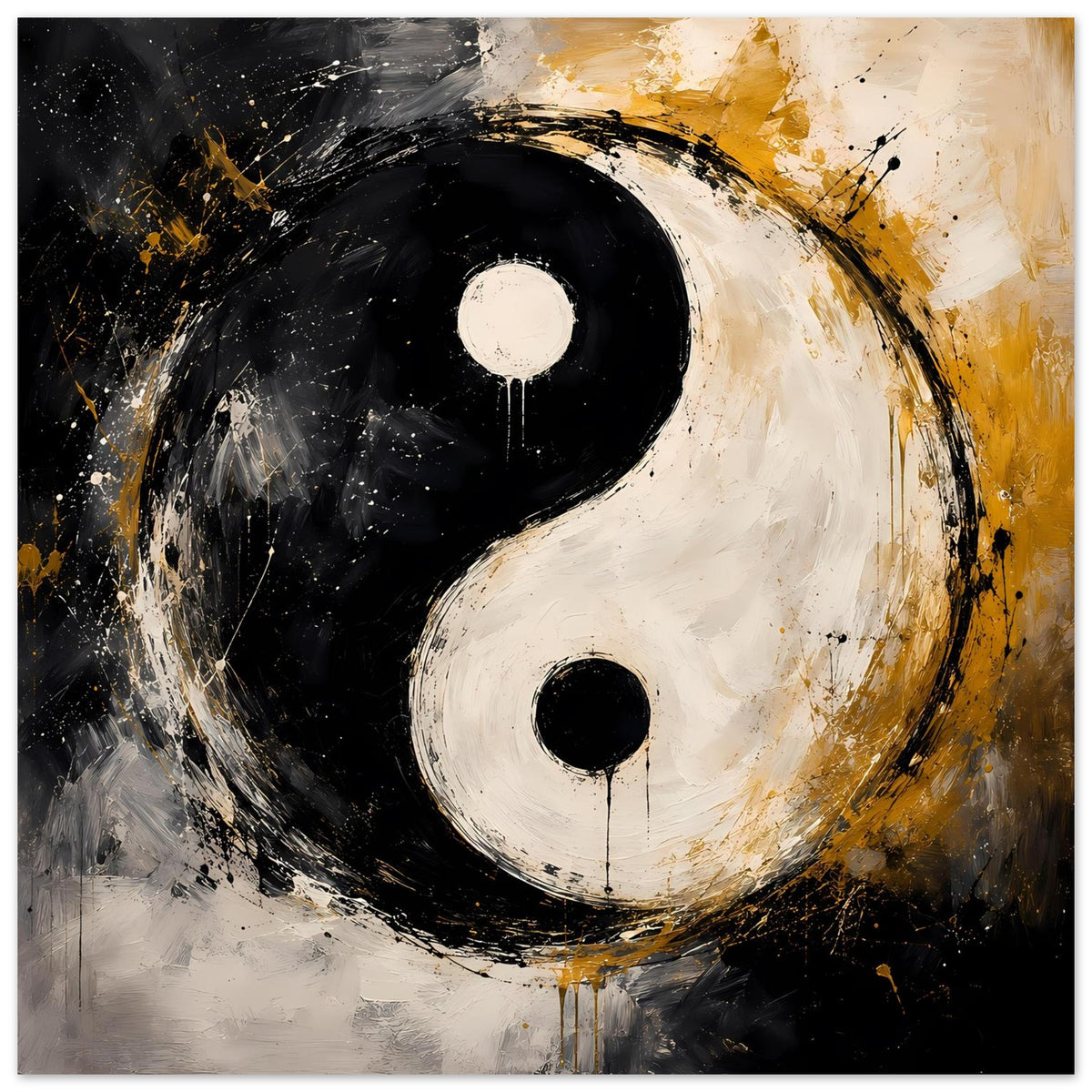 Abstraktes Yin‑Yang Poster, schwarze und weiße Formen mit goldenen Spritzern