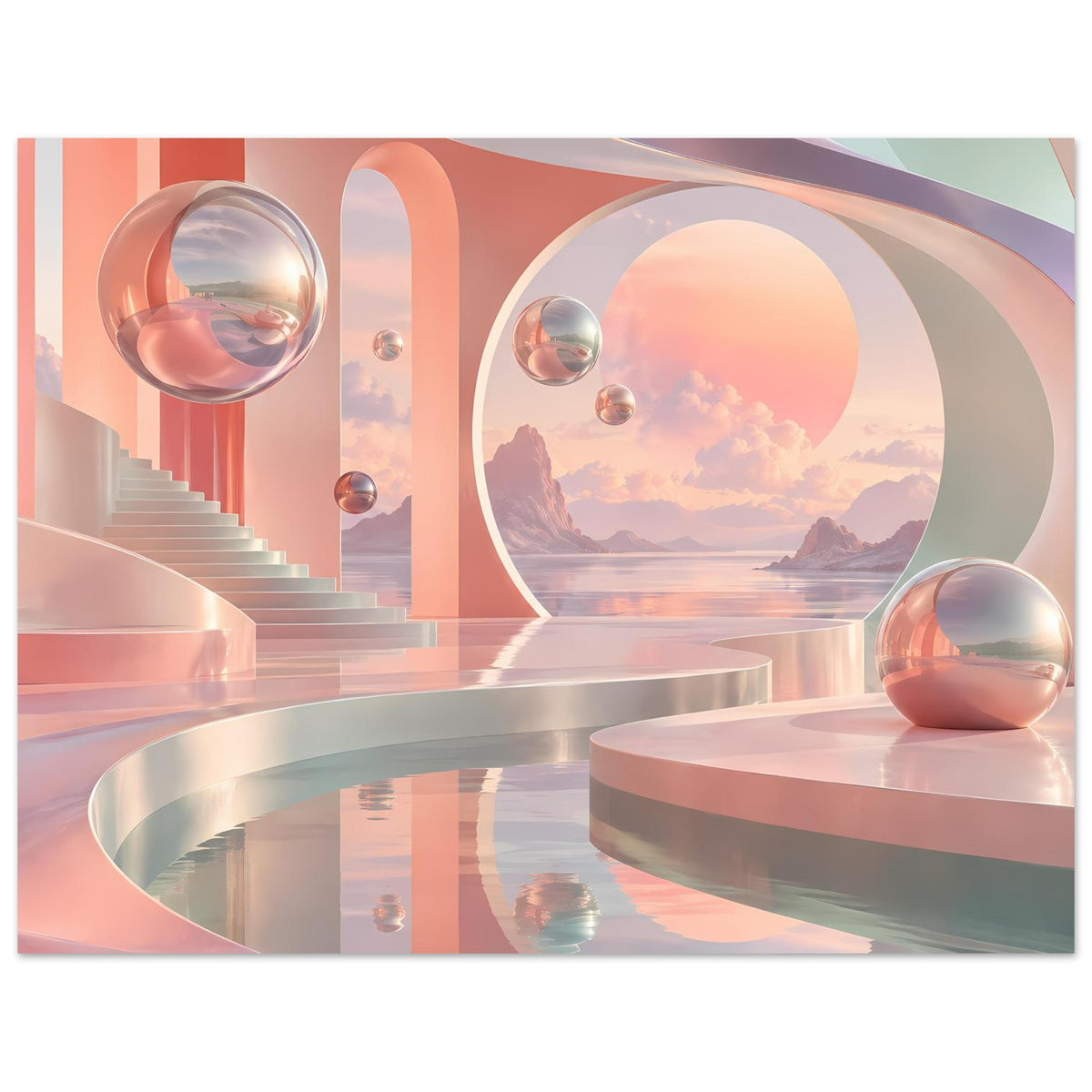 Horizontales Poster mit Pastell-Landschaft, spiegelnden Kugeln und ovalem Blick ins Motiv.
