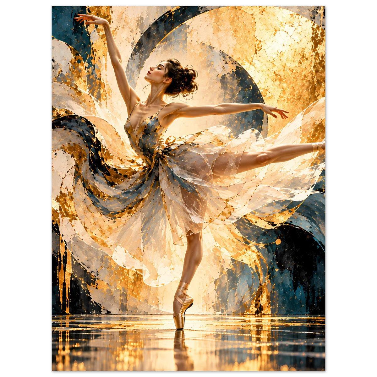 Kunstposter im Hochformat: Balletttänzerin auf Zehenspitzen, beiges Kleid, goldene Highlights, blau