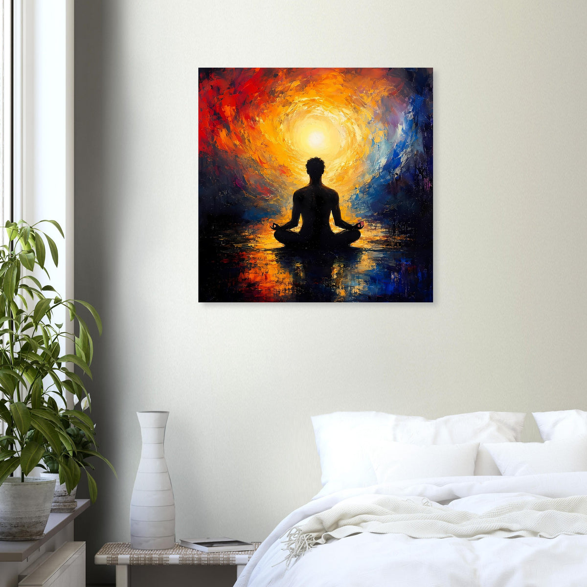 Zen-Poster mit schwarzer Meditationssilhouette, leuchtender Scheibe und Reflexion im Wasser