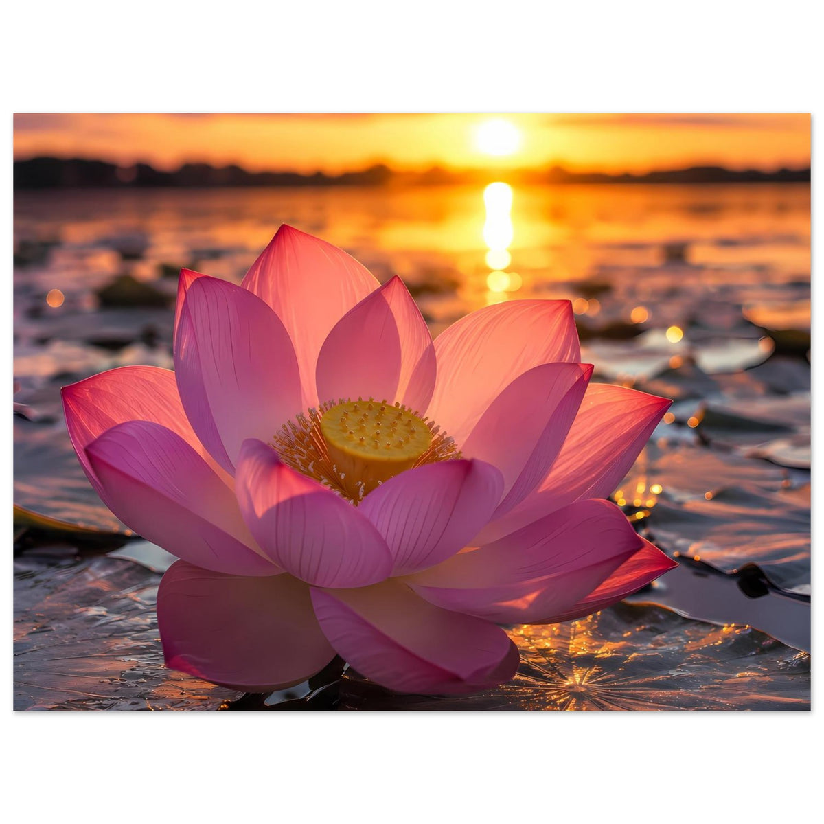 Querformat-Poster mit Lotusblüte in Pink/Violett und goldenem Licht am Strand