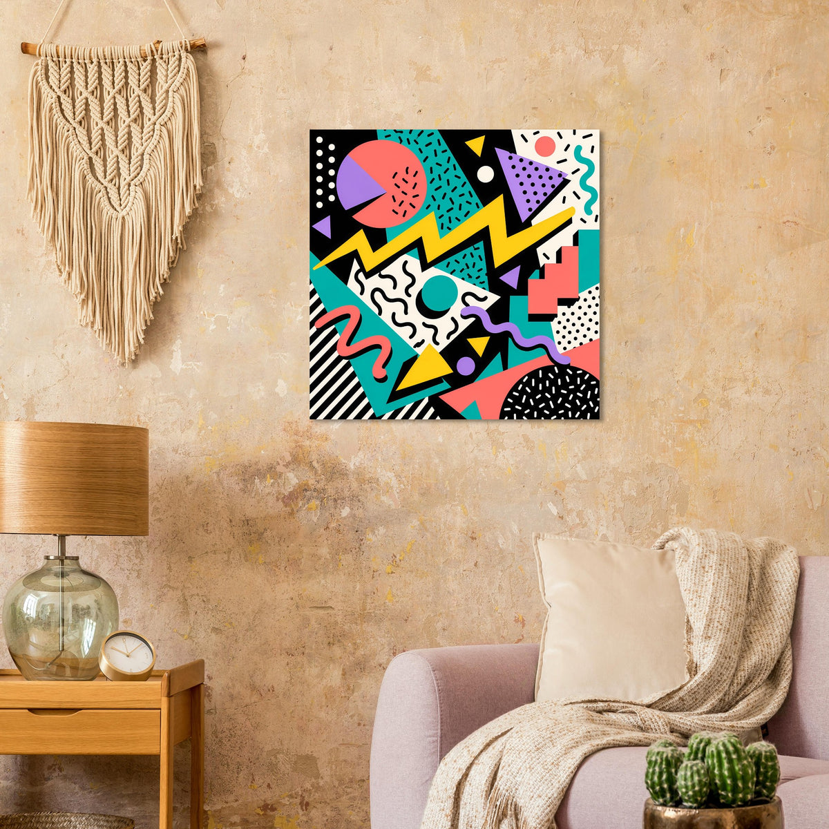 Quadratisches Wandposter mit abstrakten Formen in Türkis, Pink, Gelb und Schwarz