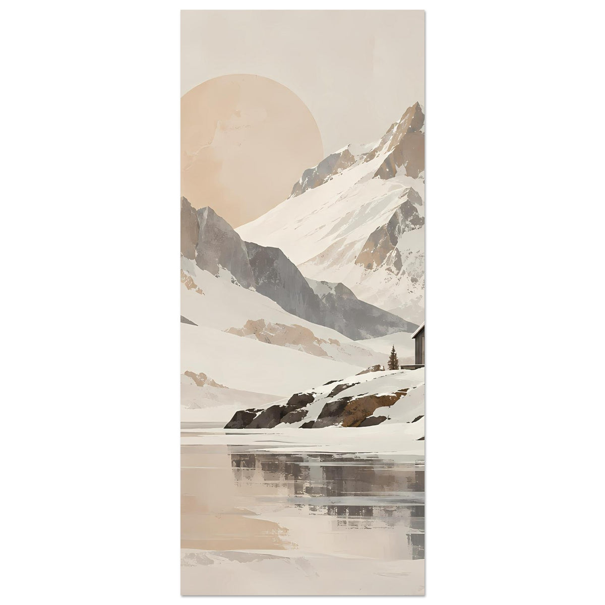 Poster im Hochformat: schneebedecktes Gebirge, Sonnenkreis und Hütte mit Bäumen