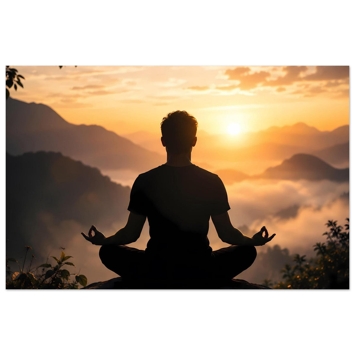 Poster: Meditierende Silhouette im Lotussitz vor goldener Sonnenuntergangs-Landschaft