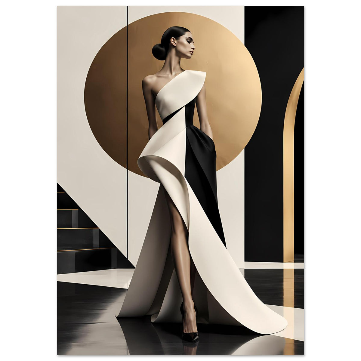 Fashion-Poster mit Ganzfigur-Frau, asymmetrischer weißer Stoffbahn über schwarzem Kleid