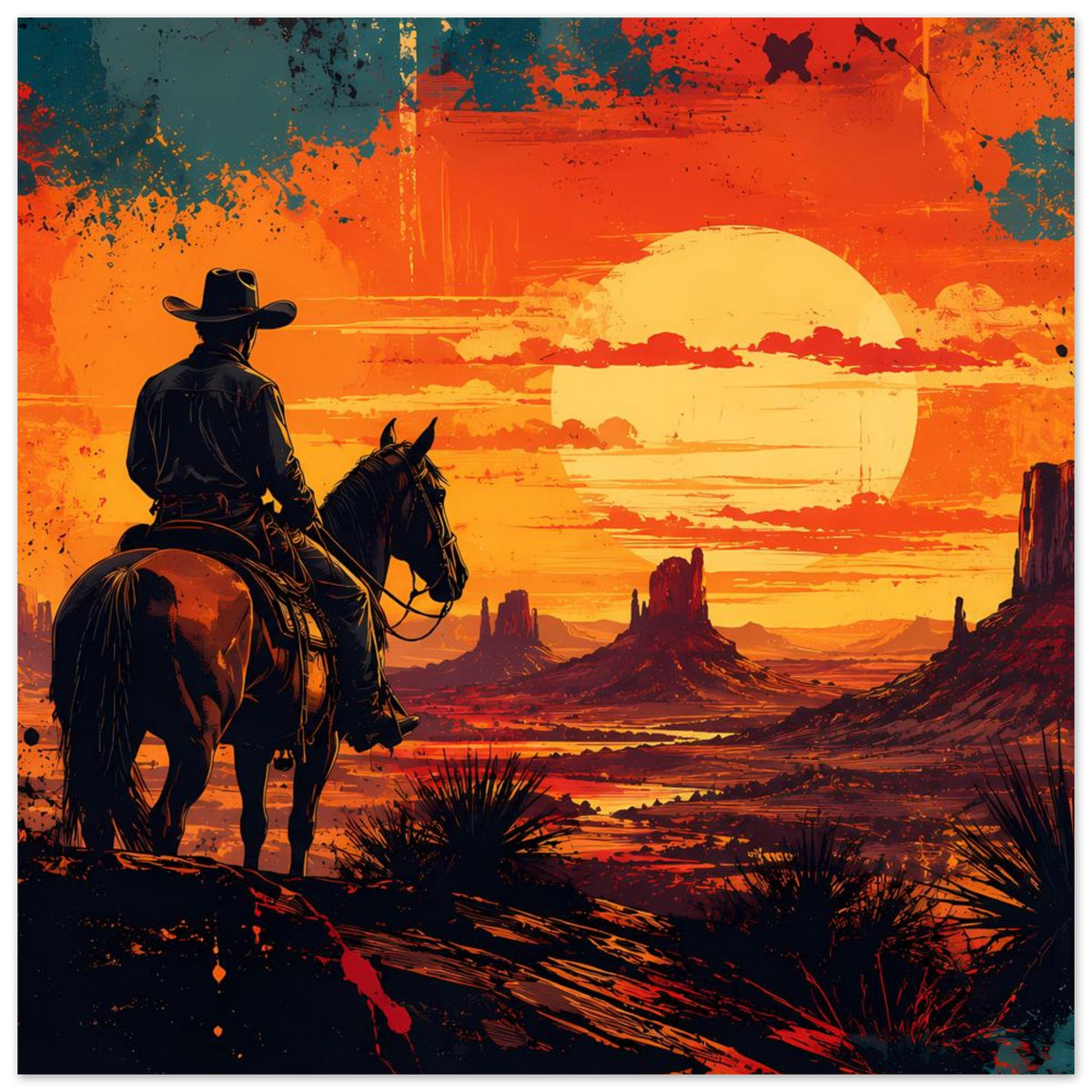 Western-Cowboy-Poster, hochformatig: Cowboy auf Pferd vor Wüstendünen und Sonne