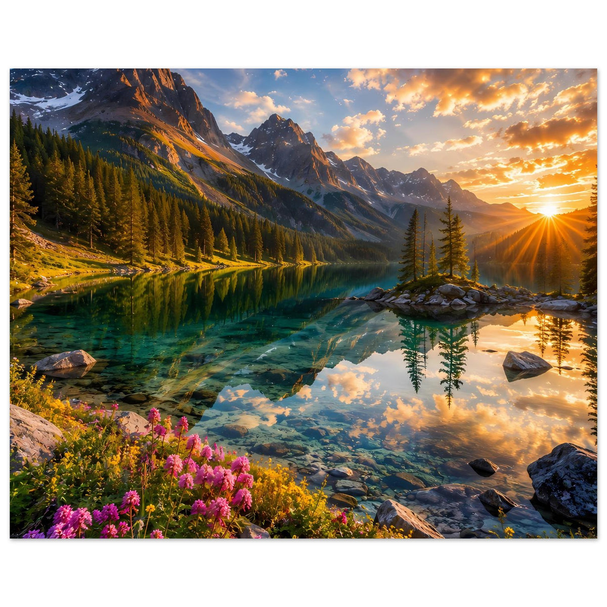Poster: Bergsee bei Sonnenuntergang, Sonne im rechten Bildbereich, Bauminsel im Spiegel