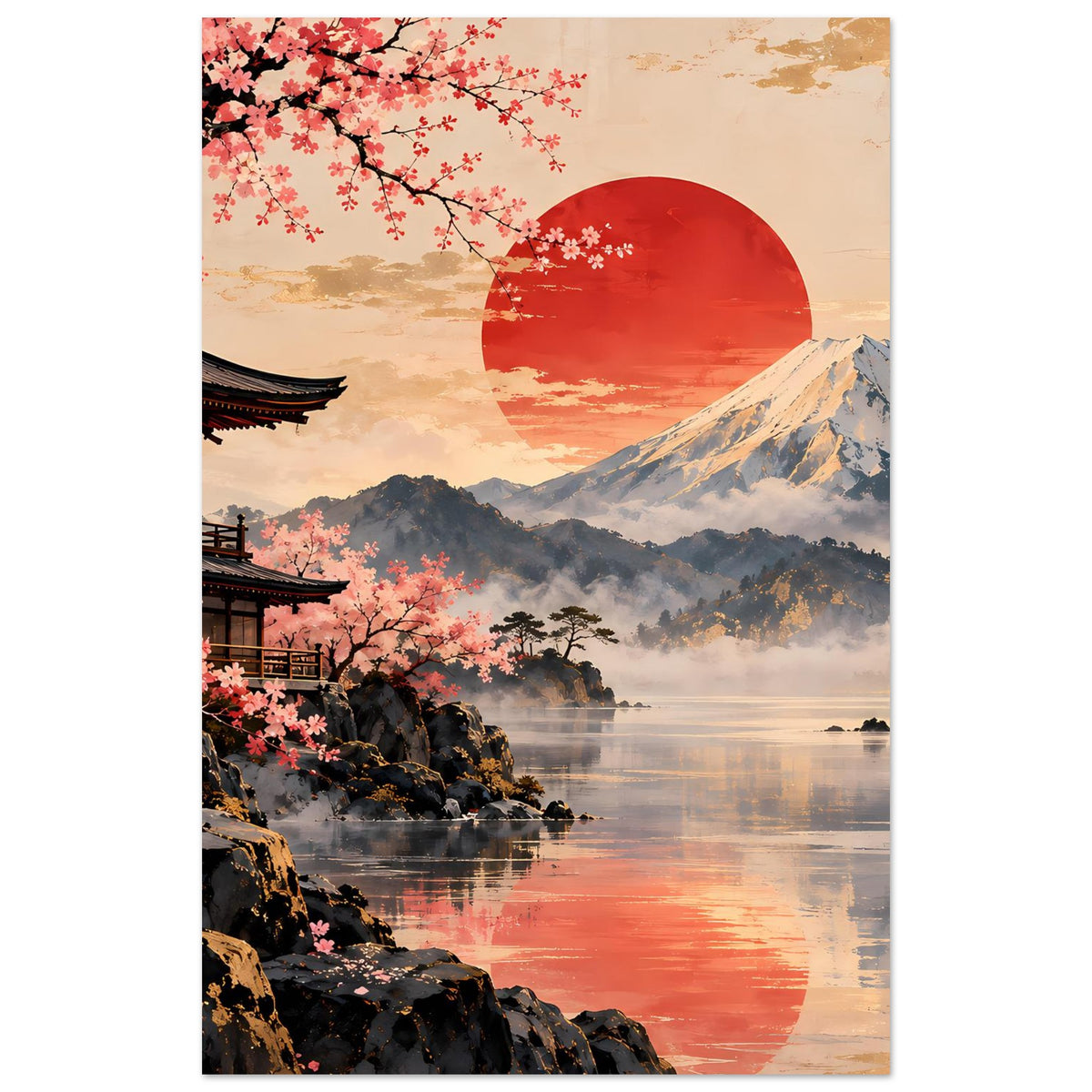 Hochformat-Poster mit Kirschblütenzweigen, Tempel und Berg im Sonnenuntergang am See