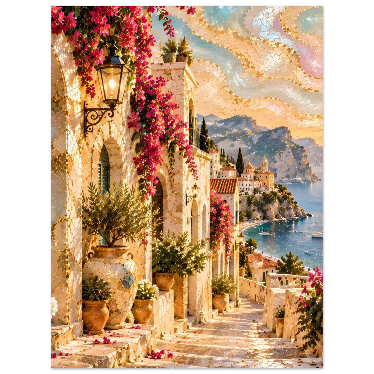 Poster im Hochformat: mediterrane Gasse mit Laterne, pinken Blüten und See