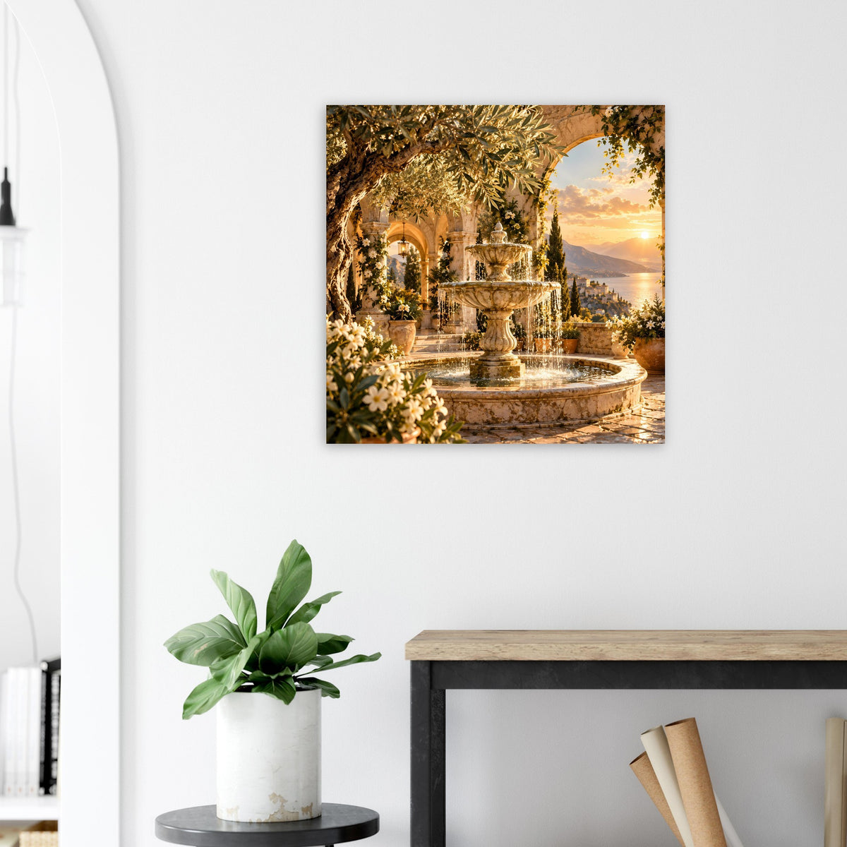 Mediterranes Sonnenuntergang-Brunnenposter: Brunnenkaskade zwischen Arkaden und Blüten