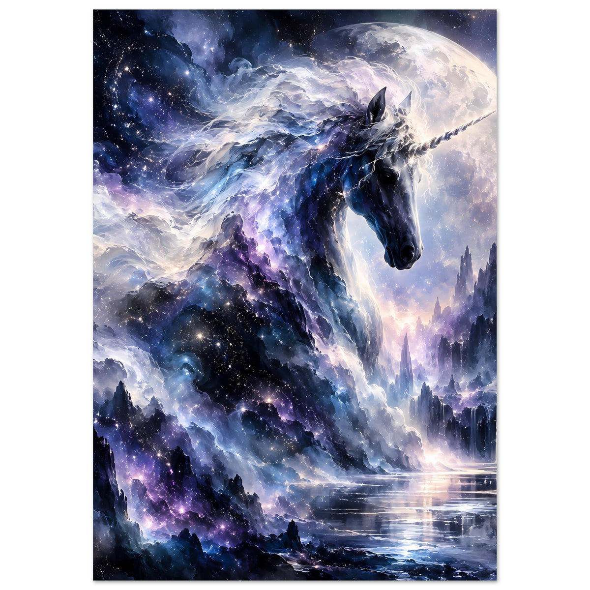 Galaktisches Einhorn-Poster, vertikal: Einhorn mit Schweif im Weltraum, Mond im Hintergrund