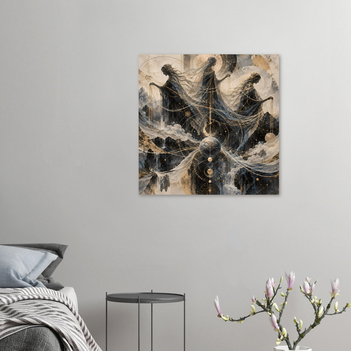 Kleines Wandposter im Querformat mit drei geflügelten Figuren in dunklem Gold-Look