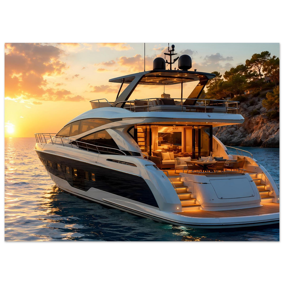 Poster: Luxus-Motoryacht mit beleuchtetem Außenbereich, von vorn schräg