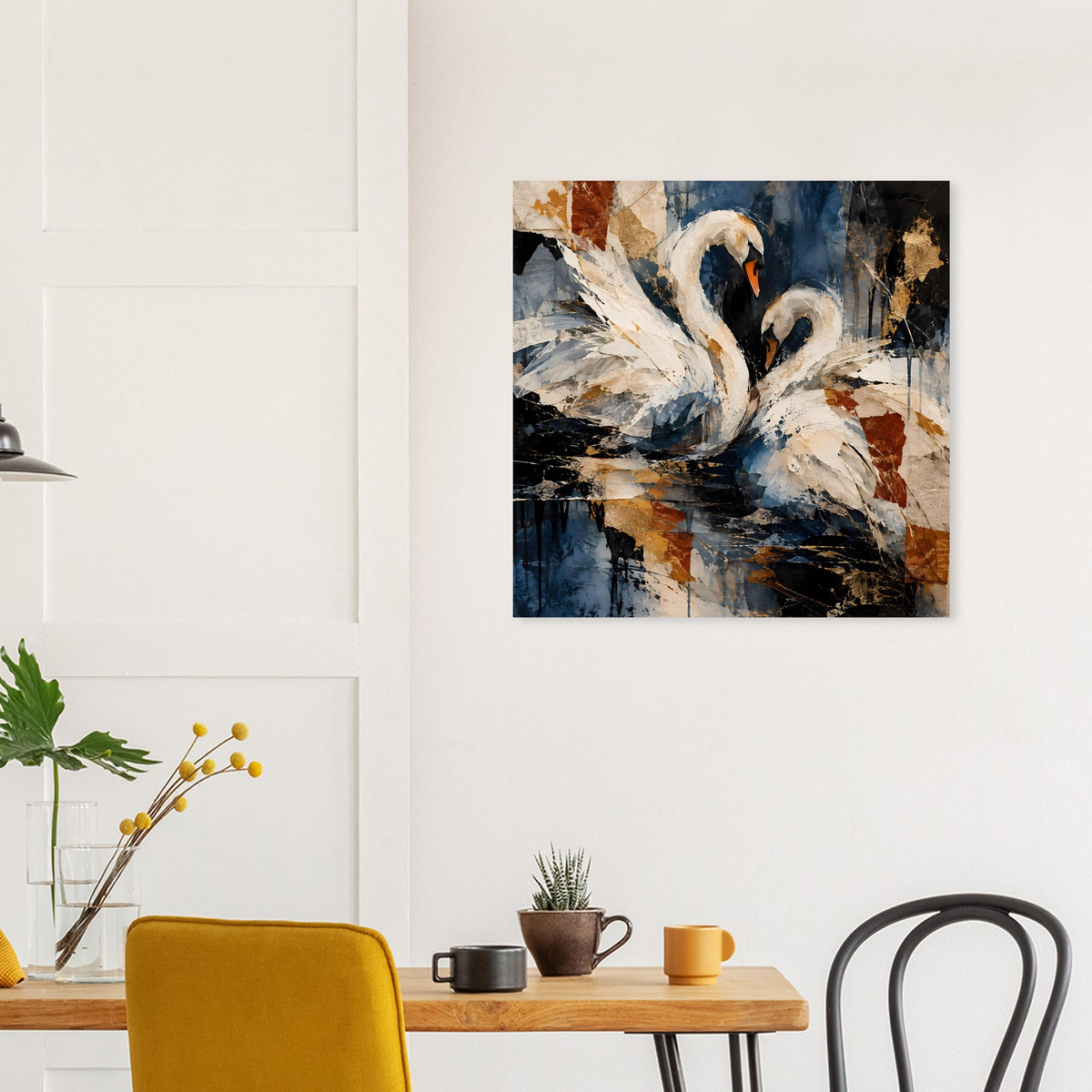 Quadratisches Schwanen-Porträtposter mit weißen Schwänen und dunklen Blau-Braun Akzenten