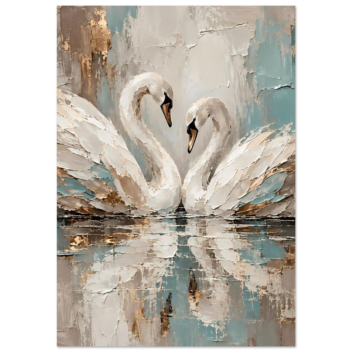 Kunstposter mit zwei Schwänen in Weiß, blauen Flächen und goldenen Akzenten auf Wasser