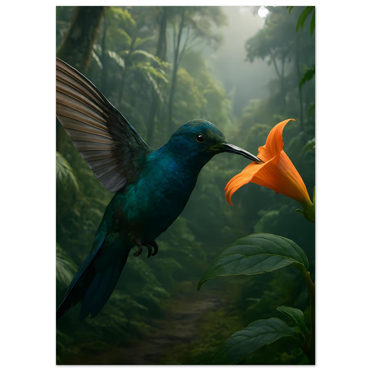 Poster mit blauem Kolibri und orangefarbener Blüte, Vogel seitlich im Bild