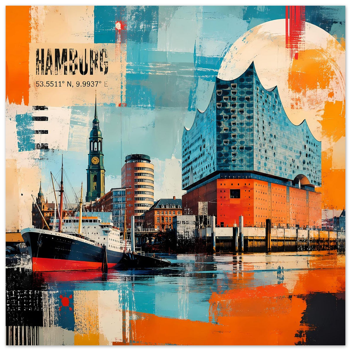 Hamburg-Poster mit Elbphilharmonie, türkis-orangefarbener Collage und Hafenbooten