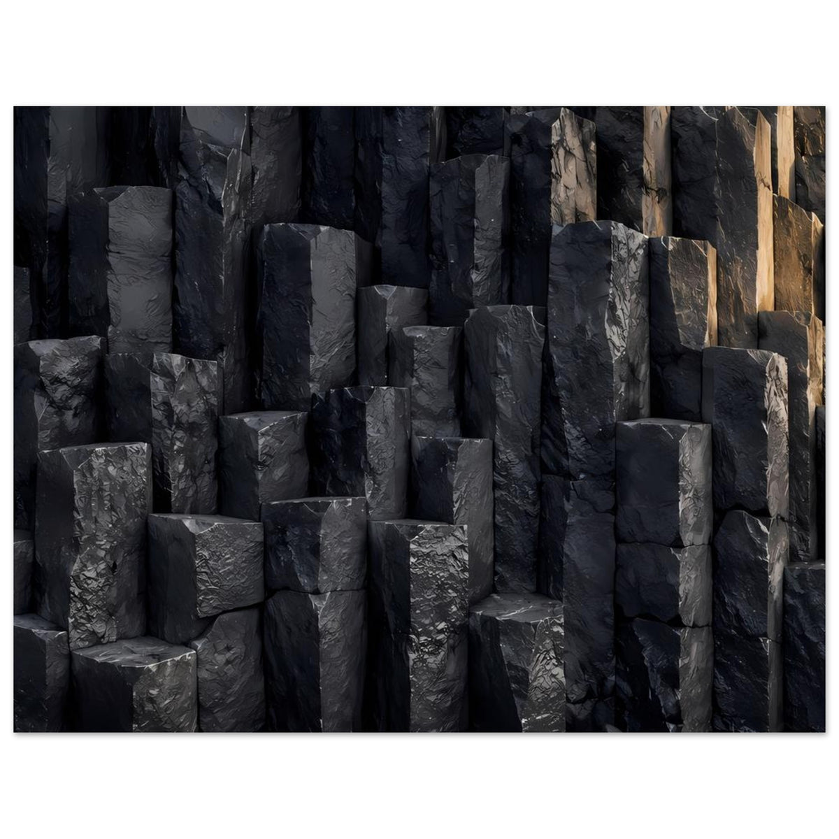 Naturposter mit dunklen Basaltsäulen, konzentrierte Perspektive und gerahmter Rand