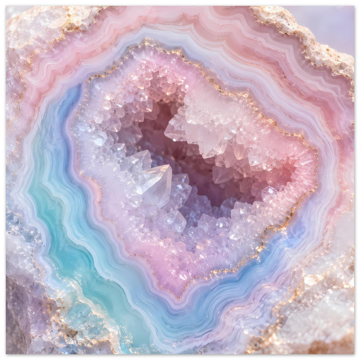 Poster mit schimmernder Kristallgeode in Pastellrosa, Flieder und Hellblau